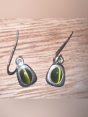 Dangle Tigers Eye Earrings Silver Tone